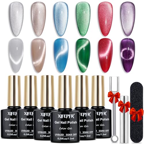 Xifepfr Cat Eye Gel Nail Polish Kit, Magnetic Gel Polish 6 Colors with 2 Magnets, 9D Holographic Shimmer Glitter Galaxy Series Chameleon Cateye Gel Polish Soak Off Nail Art Salon Home DIY