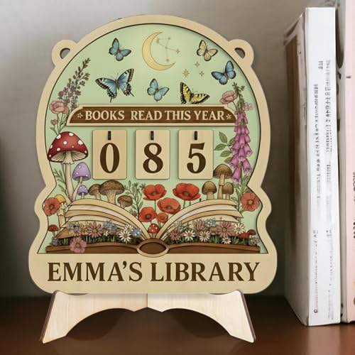 Personalized Books Read Tracker Sign Wood Achievement Counter Reading Log This Year Whimsical Butterfly Mushroom Garden Decor