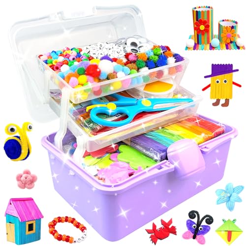 BNUZEIYI 3000Pcs Bastelset Kinder Bastelkoffer 3-Schicht Bastelbox Bastelmaterial Set mit Pfeifenreiniger Basteln & DIY Spielzeug Geschenke für Mädchen Jungen 4-6 6-8 8-12 Jahren Lila