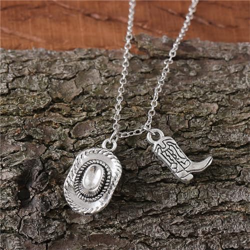 Cowgirl Cowboy Boot Hat Pendant Necklace Silver Plated Boho Personalized Texas Boots Adjustable Chain Necklace for Cool Men Western Style Country Women Birthday Party Fashion Jewelry Gifts4