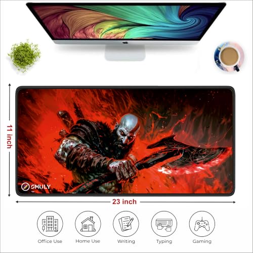 Image of Action Warrior Theme Gaming Mouse Pad, Large Desk Mat 58.5 x 28 cm, Extended Washable Mousepad, Desk Pad, 2mm Thick Non-Slip Rubber Base, Stitched Edges, Smooth Surface (Multicolour)