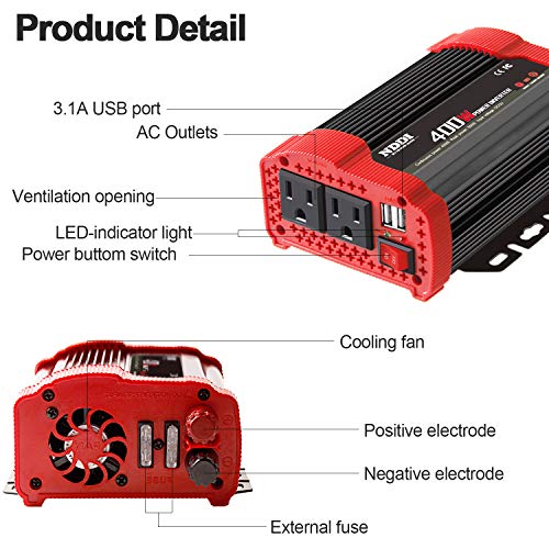 400W Car Power Inverter, DC 12V to 110V AC Converter with 2 Charger Outlets and Dual 3.1A USB Ports Cigarette Lighter Socket Adapter