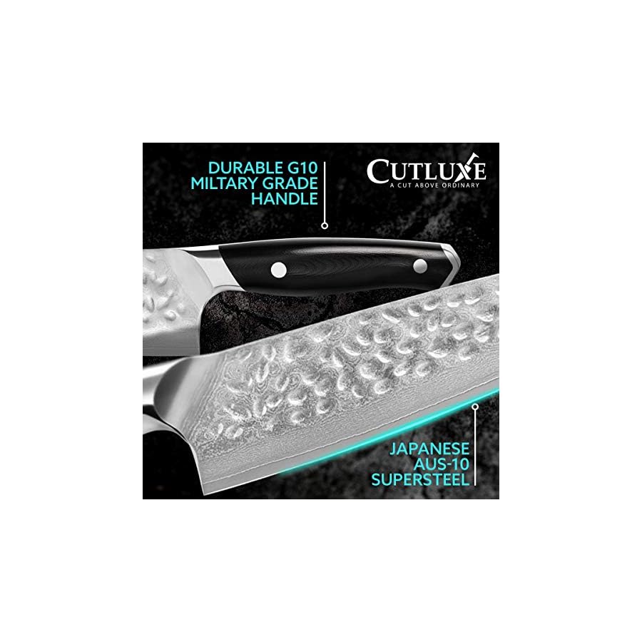 CUTLUXE-Chef-Knife-8-Damascus-Japanese-AUS-10-Steel--Ergonomic-G10-Handle--Hammered-Blade-Finish--Shinobi-Series Cutluxe Shinobi Damascus Chef Knife – 8" Damascus Kitchen Knife, Japanese Blade, AUS-10 Steel – Razor Sharp – Full Tang & Ergonomic G10 Handle Design