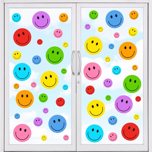Image of Whaline 9 Sheet Smile Face Window Clings Colorful Cute Happy Face Window Decals Double-Sided Reusable Glass Sticker for Home Back to School Classroom Office Nursery Windows Decor