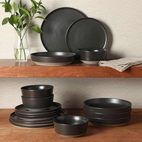 Image of Gibson Elite Overbrook 16-Piece Pottery Clay Stoneware Dinnerware Set - Black Reactive Glaze, Stackable Plates and Bowls W /Pasta Bowl, Service for 4 - Microwave & Dishwasher Safe