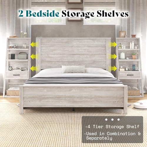 Image of AMERLIFE Queen Size Platform Bed Frame with Wide Headboard & Bookshelves