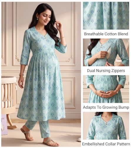 Image of DUMMY SHAPE Maternity Dresses for Women Cotton | Floral Kurta Pant Dupatta Set with Nursing Zippers, Side Pocket | Pre & Post Pregnancy | Feeding Kurti Suit | Baby Shower | Gifts for Pregnant Woman