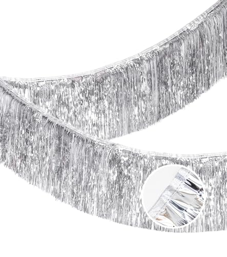 Image of Premium Silver Fringe Tinsel Garland for Party Decorations -4 Layers Thick, 2 Pack | LILF Foil Metallic Tinsel Banner Party Streamers for Wedding Birthday Christmas Decoration Home Hanging Decor