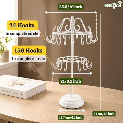 Image of ecofynd 2-Tier Metal Jewelry Organizer Stand with 40 Hooks, 360 Rotating 20-Inch Holder for Earrings, Necklaces, Bracelets & Rings, Space-Saving Display for Vanity & Dressing Table (White, JS013)