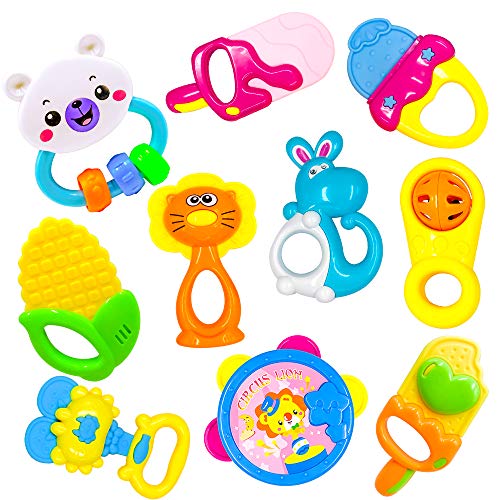 ToyerBee Baby Rattle &Teething Toys with Container,10PCS Musical&Grasping Toy Set in Various Shapes and Colors, Early Learning Toys for Little Hands,Best Gifts for 3-12 Month Newborn & Infant,BPA FREE