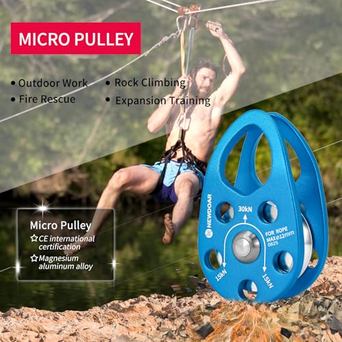NewDoar Micro Mikro Mobile Seilrolle Umlenkrolle 30KN/6746 lb Mobile Einzelrolle Pulley Flaschenzug für max. 12 mm Seil zum Klettern, Rettungsheben, Anhalterfahren-Blau/2 Stück