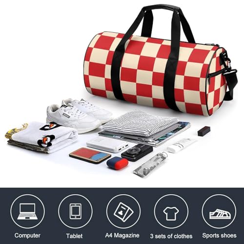 Red And Cream Plaid Checkered Gym Bag for Women Men Travel Duffle Bag Carry on Weekender Tote Bag Lightweight4