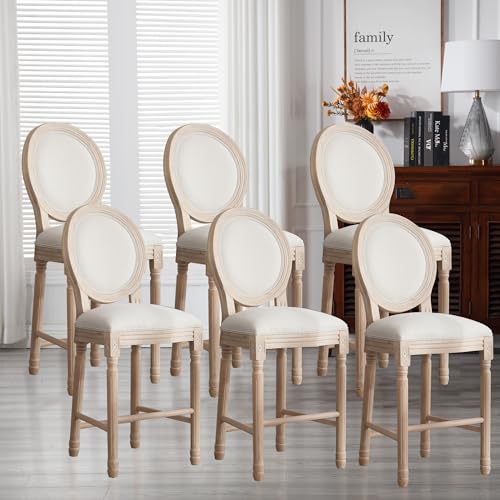 Butacos Franceses de Barra, Juego de 6 Unidades, Altura 26 pulgadas, con Espalda Redonda, Estructura de Madera Maciza, Asiento Tapizado en Lino, Estilo Campestre y Rústico, para Isla de Cocina o Comedor (Beige) miniatura 1