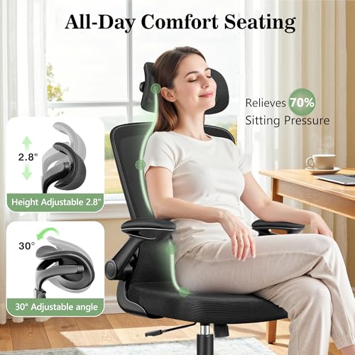 Image of Ergonomic Office Desk Chair, Computer Desk Chair with Adjustable Lumbar Support, FILP-up Arms, Breathable Mesh Home Office Chairs Comfortable for Long Hours, Black