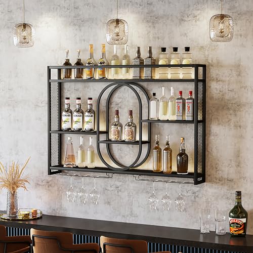Casier à vin mural avec éclairage LED et support pour verres à pied