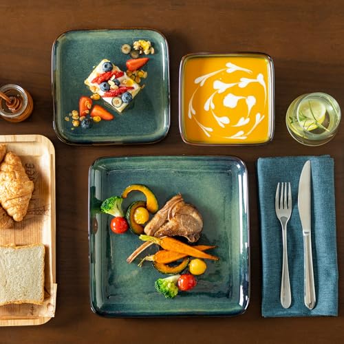 Image of vancasso Stern Green Dinner Set Square Reactive Glaze Tableware 12 Pieces Kitchen Dinnerware Stoneware Crockery Set with Dinner Plate, Dessert Plate, Bowl Service for 4