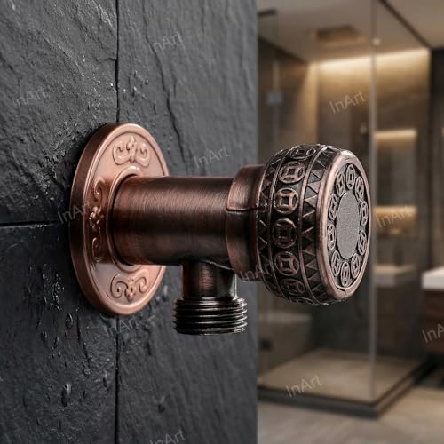 Image of InArt Zinc Angle Cock Valve for Bathroom & Kitchen | Stop Cock with Wall Flange | Antique Brass Finish (Antique Copper) - 5 Year Warranty