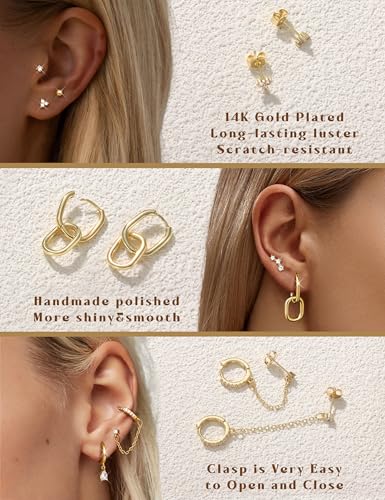 LOLIAS Hypoallergenic Gold Hoop Stud Earring Stacks for Women Trendy - 14K Gold Plated Chain Cartilage Earrings Cute Silver Huggie Earrings Sets for Multiple Piercing Jewelry Lightweight 8Pairs2