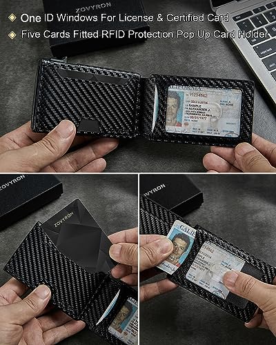 Slim Wallet For Men Pop Up Card Wallet Minimalist RFID Blocking Credit Card Holder with ID Window,Bifold Carbon Fiber Front Pocket Wallet4