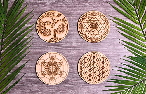 Sacred Geometry Coasters, One Set of Four Includes: 1 Metatrons Cube, 1 Sacred Om, 1 Sri Yantra, 1 Flower of Life, Drinks, Table Decorations for Hot and Cold Beverages, Protect Furniture