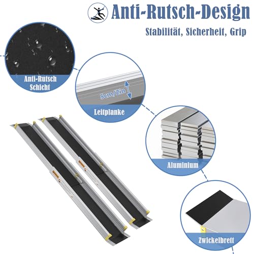 FIVMEN 2X Rollstuhlrampe Teleskop 76-122 cm Aluminium Rampe Rollstuhl Tragfähigkeit 300 kg Teleskoprampe Auffahrrampe Laderampe Verstellbare Tragbare für Rollstühle & Scooter