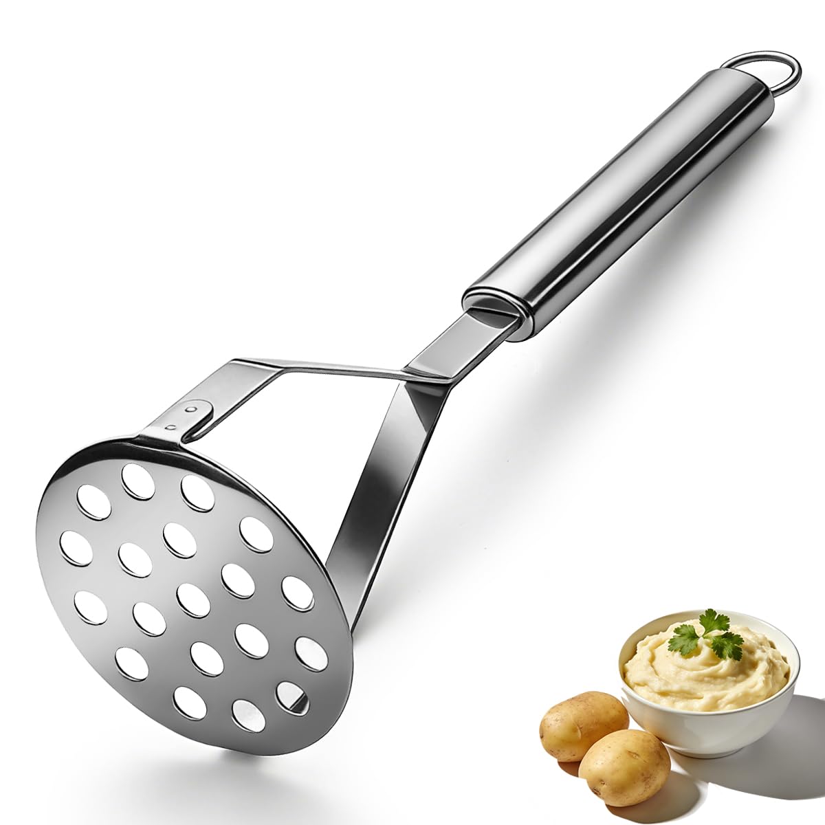 Homquen Puré de Papa de Acero Inoxidable, Puré de Papa resistente, Pasapurés de Papa, Utensilios Herramienta de Cocina para Machacar Verduras y Frutas, Lavable en Lavavajillas (25cm)