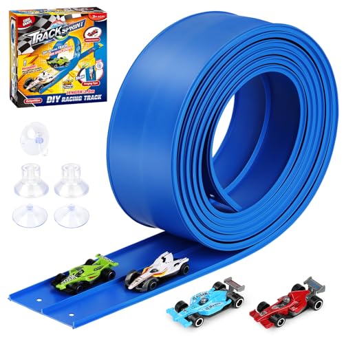 Rennbahn Kinder 3 4 5 6 Jahre, 3.9M Flexible Autorennbahn Rennstrecke Auto Spielzeug Autobahn Inklusive 4 Spielzeugauto, Geburtstag Weihnachten Kindergeschenkeab 3-8 Jahre, Blau