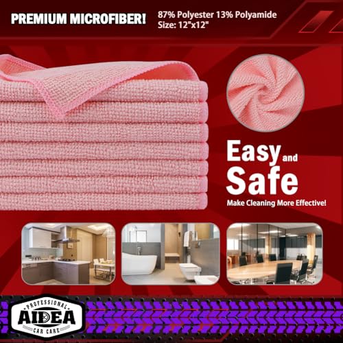 Image of AIDEA Microfiber Cleaning Cloth Pink 10PK, Microfiber Towels for Cars, Premium Car Cloths, Dusting Cloth Lint Free Cleaning Rags for SUVs, House, Kitchen, Window, Workshops,12x12 inch