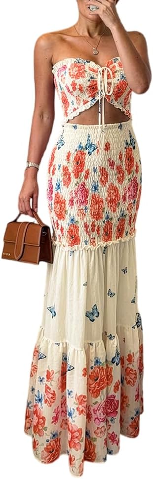 CHICME Floral Printed Prom Dress Tie Ruched Shirred Bandeau Party Dress Slim Fit Ruffle Hem Vacation Dresses