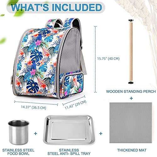 Bird Carrier Backpack Cage (Tropical), Carrier With Stainless Steel Foodbowl And Stainless Steel Tray & Wooden Standing Perch, Bird Travel Cage For Small Birds, Green Cheek, Cockatiel, Parrot #TOP1