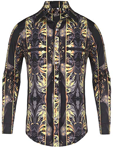 Pacinoble Mens Dress Shirt Fashion Noble Long Sleeve Clothes High End Button-up Print Luxury Casual Button Down Shirts (Black XL)