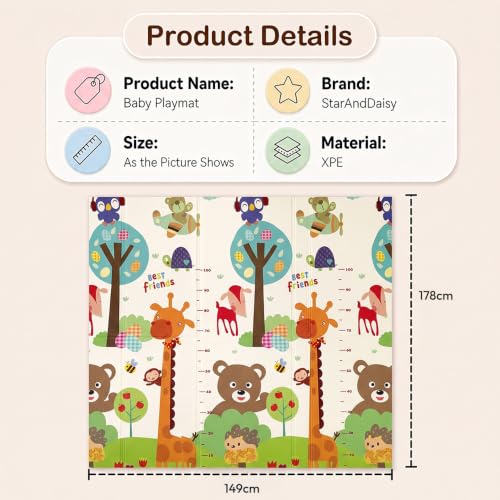 Image of StarAndDaisy Baby Play Mat for 0 to 2 Years, 6mm Thick Foldable XPE Baby Mats for Floor, Reversible Cushioned Mat for Kids Playing, Lightweight & Portable Playmat, 149 x 178 cm