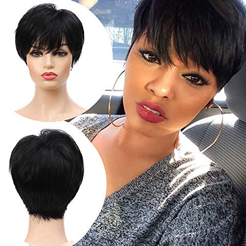 Kaneles Short Black Wig Pixie Cut Wigs for Women Straight Black Wigs Natural Synthetic Hair with Bangs Wigs 1B Color