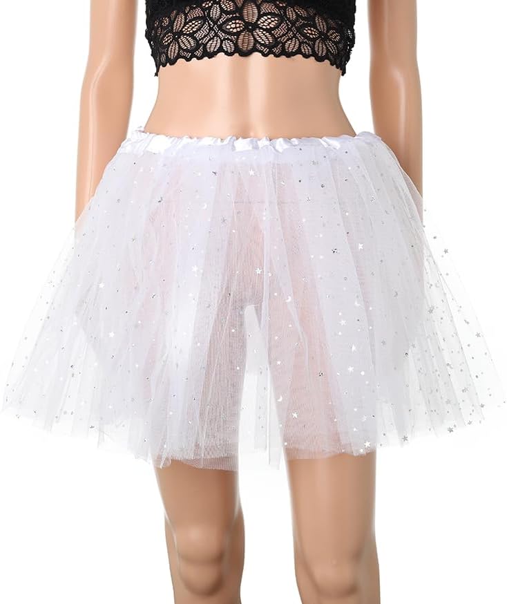 Abien Tutu for Women Adults Christmas White Tutu 3 Layered Tulle Tutus Skirt Classic Elastic Ballet Dance Skirt Sparkle Star Skirts - Image 5