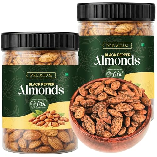 Image of LILA DRY FRUITS Flavoured Almonds 1 kg (500g x 2) Black Pepper Flavour Crunchy Roasted Badam Snack | Healthy Snacking Party Munching Spicy Namkeen Dry Fruit Perfect for Gifting
