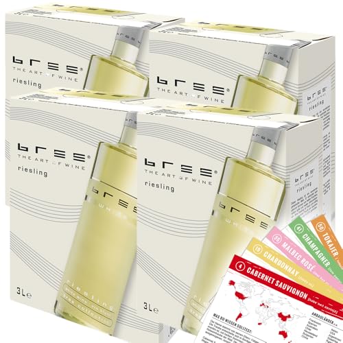 Bree Riesling QbA feinherb Bag-in-Box sortenreines Weinpaket + VINOX Winecards (4x3 0l)