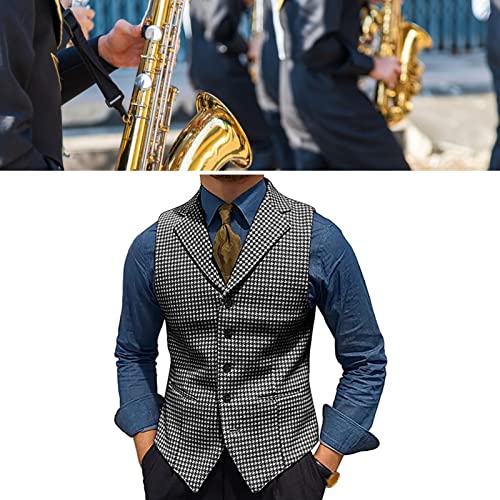 Men's Tweed Plaid Lapel Suit Vest Casual Formal Dress Waistcoat Tank Top with 5 buttons and 2 Pockets for Work Party ( Color : Grey , Size : XX-Large )4