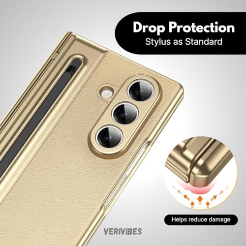 Image of Ultra Hybrid Luxury Leather Compatible with Samsung Galaxy Z Fold 8 Ultra (2026)| Built-in S Pen Holder| 360 Hinge Protection | Slim Shockproof Back Cover with Tempered Glass - Golden