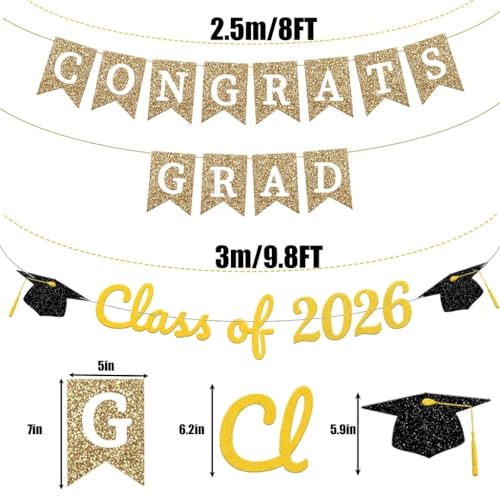 Image of 2026 Graduation Banner,Congrats Grad and Class of 2026 Cap Banner Set White Gold Black Glitter Grad Decorations for Senior 2026 Party, Graduation Sign Party Backdrop Supplies