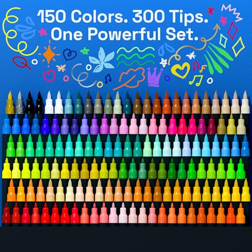 Image of ARTISTRO Acrylic Glass Markers for Wine Glasses and Drinkware (150 Pack), Vibrant Dual Tip Paint Pens for Party Charms & Bar Tools (Brush + Fine Tips)