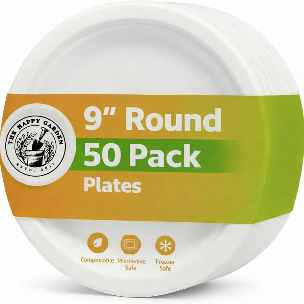 The Happy Garden Bagasse Plates, 9 Inch Round (Pack of 50) - Heavy Duty Disposable Plate, Eco Friendly Sugarcane Dishes, Compostable Party Plates, Microwave & Freezer Safe