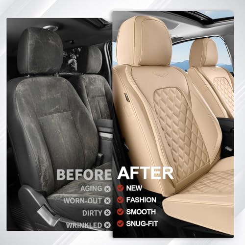 Image of Coverado Front Car Seat Covers, Faux Leather Oil-Resistant Non-Slip Cushions, Universal Fit for Sedans, Pickups, SUVs, Waterproof Seat Covers, Car Seat Protectors - Beige