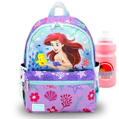 Little Mermaid Mini Backpack for Kids Set - Bundle with 13” Ariel Bag with Front Pocket and Water Bottle | Little Mermaid Backpack Purse