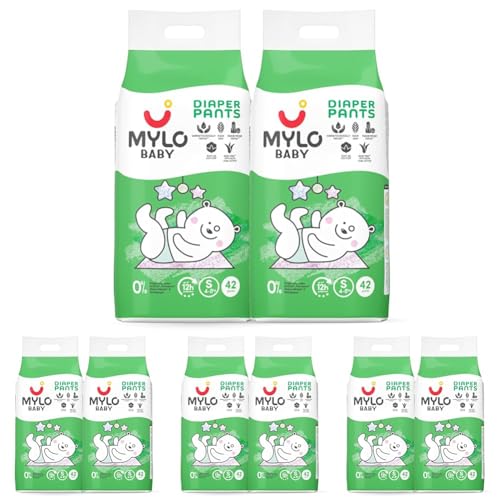 Image of Mylo Baby Diaper Pants Small (S) Size 4-8 kgs (84 count) Leak Proof | Lightweight | Rash Free | Upto 12 Hours Protection | ADL Technology | with Aloe Vera Lotion (42 Count, Pack of 8)