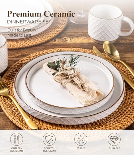 Image of GBHOME Stoneware Dinnerware Sets Service for 4, 12 Piece Embossed Plates and Bowls Set, Elegant Ceramic Dish Set, Chip Resistant, Microwave & Dishwasher Safe, Off white(stackable)