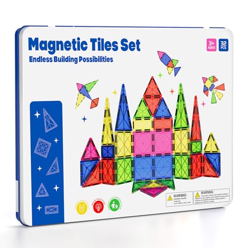 Image of Jumbo Magnetic Tiles with Secure Metal Case, 32 Pcs Large Magnetic Building Blocks for Kids 3-8, STEM Toys for Toddlers, Preschool Learning Montessori Toys, Age 3+ Boy Girl Gift