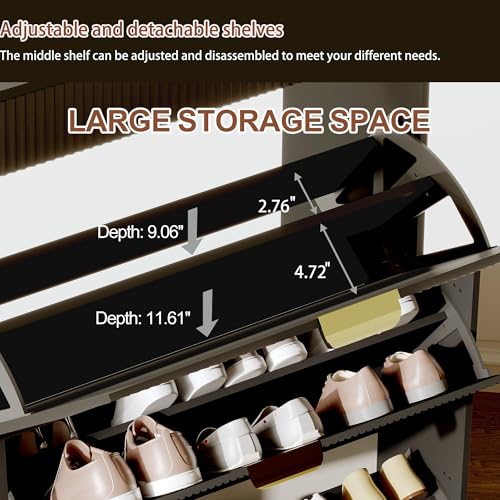 GarveeHome Wave Design Shoe Cabinet with 2 Flip Drawers, a Drawer, Fluted Shoe Cabinet, Modern Narrow Shoe Storage, Wooden Shoe Organizer with Large Capacity, Hidden Shoe Racks for Entryway, Black