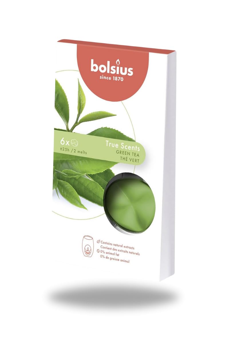 Bolsius Kokulu Buhardanlık Eritme Mum Tableti - Yeşil Çay Kokulu - 6 Yuvarlak Şekilli Renkli Tablet Mum - 2-3 kere eritme ile toplamda yaklaşık 25 saat koku deneyimi
