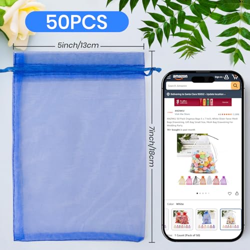 Image of ANZNKU 50 Pack Royal Blue Organza Bags 5x7 Inch, Small Mesh Bag Drawstring Mesh Gift Bags Jewelry Pouches for Baby Shower, Easter Gifts, Birthday Party Favors