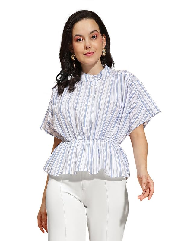 oxolloxo Women Round Neck Short Sleeve Button Down Elasticated Pleated Top-picture-34